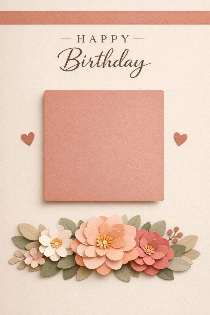 minimalist happy birthday card with paper cut flowers and photo frame