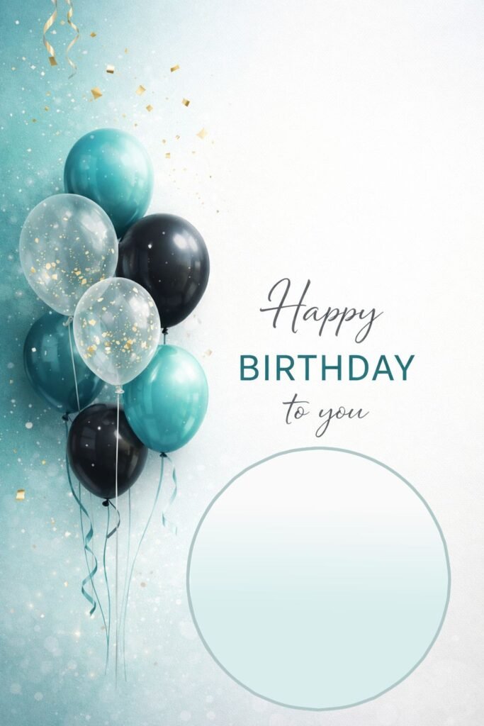 modern happy birthday image with teal balloons and photo frame