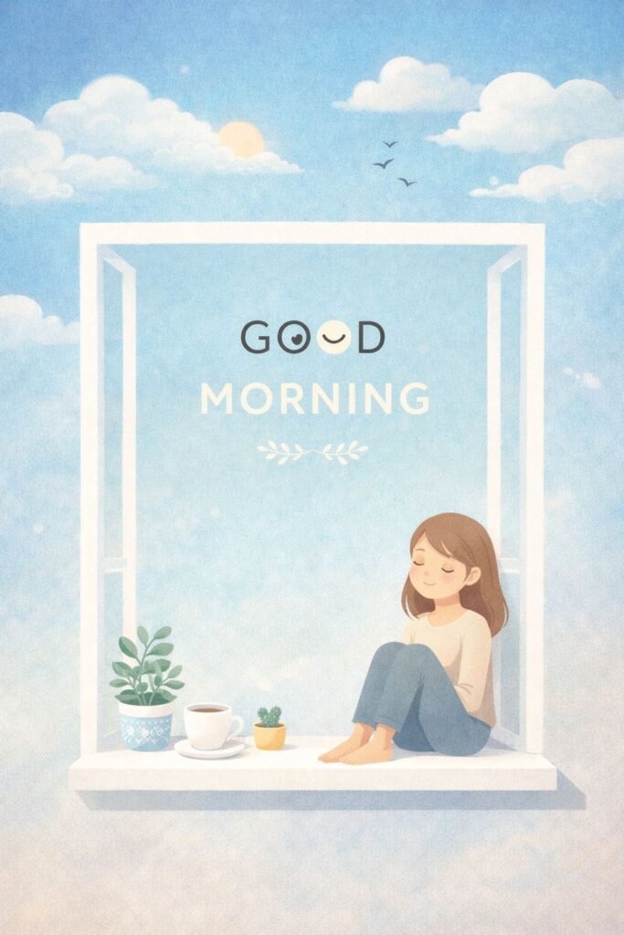 peaceful good morning illustration with girl by window