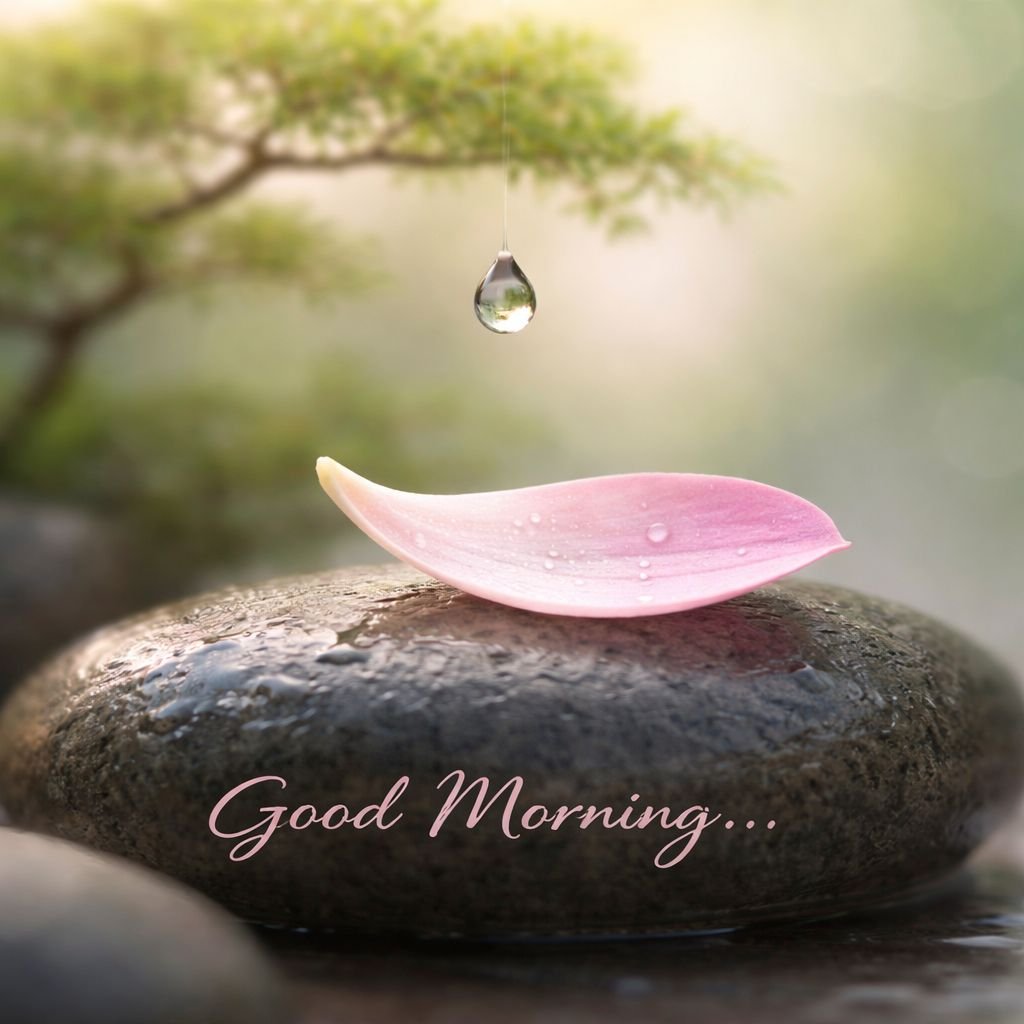 peaceful good morning image with dew drop and pink petal