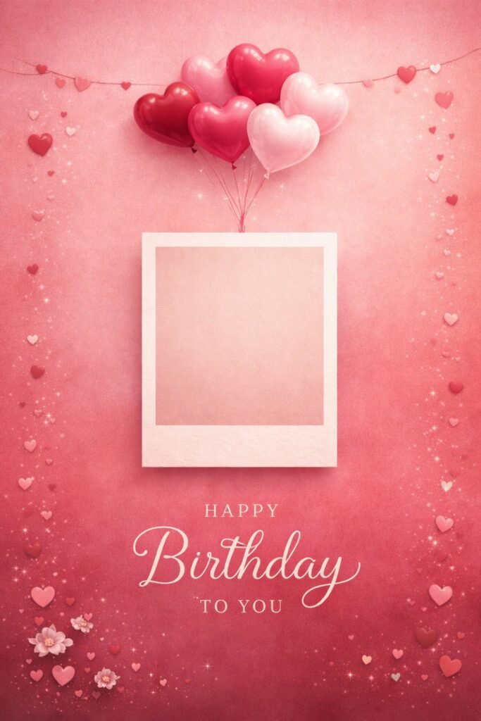 romantic pink happy birthday card with heart balloons and photo frame