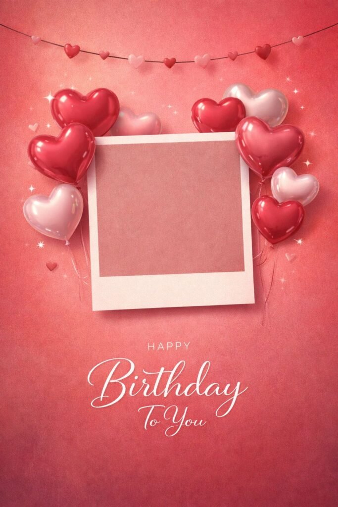 romantic pink happy birthday card with heart balloons and photo frame