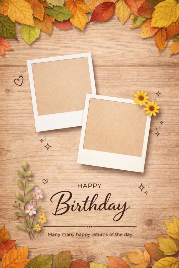 rustic happy birthday card with autumn leaves and photo frame template