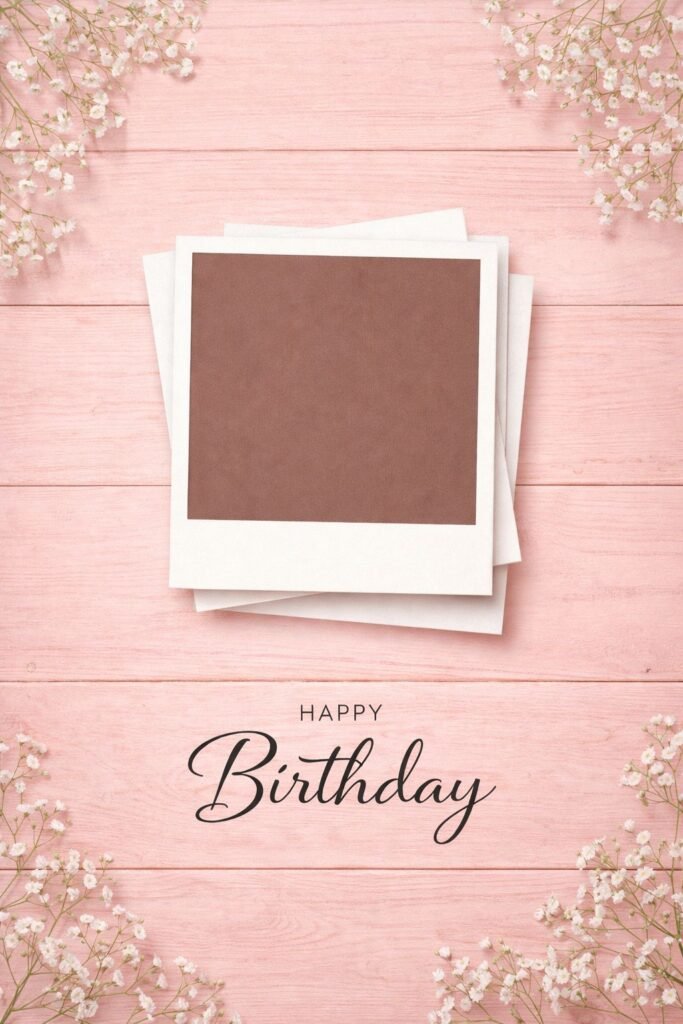 soft pink happy birthday card with floral frame and photo placeholder