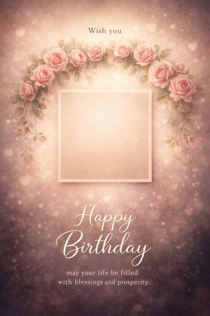 vintage floral happy birthday card with roses and photo frame template