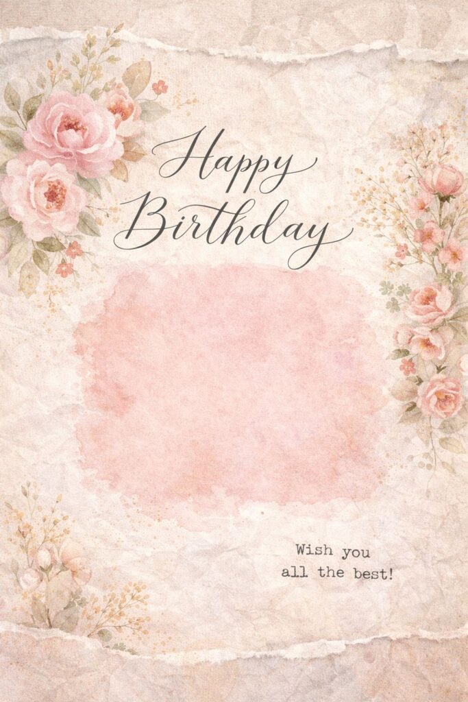 vintage floral happy birthday card with soft pink watercolor background