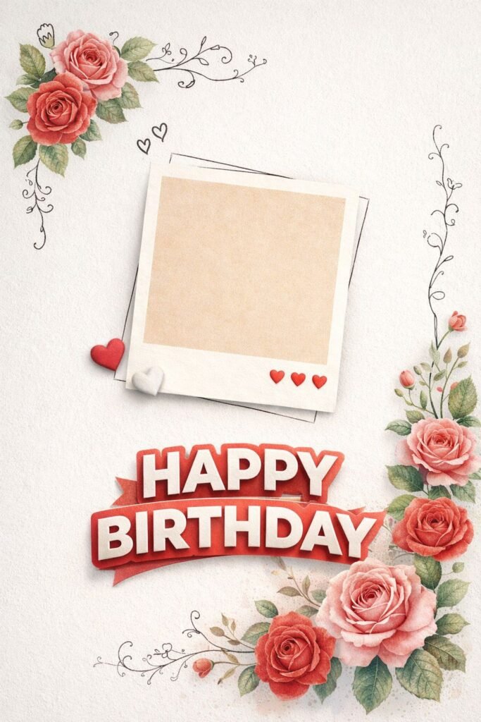 vintage happy birthday card with roses, hearts and photo frame template