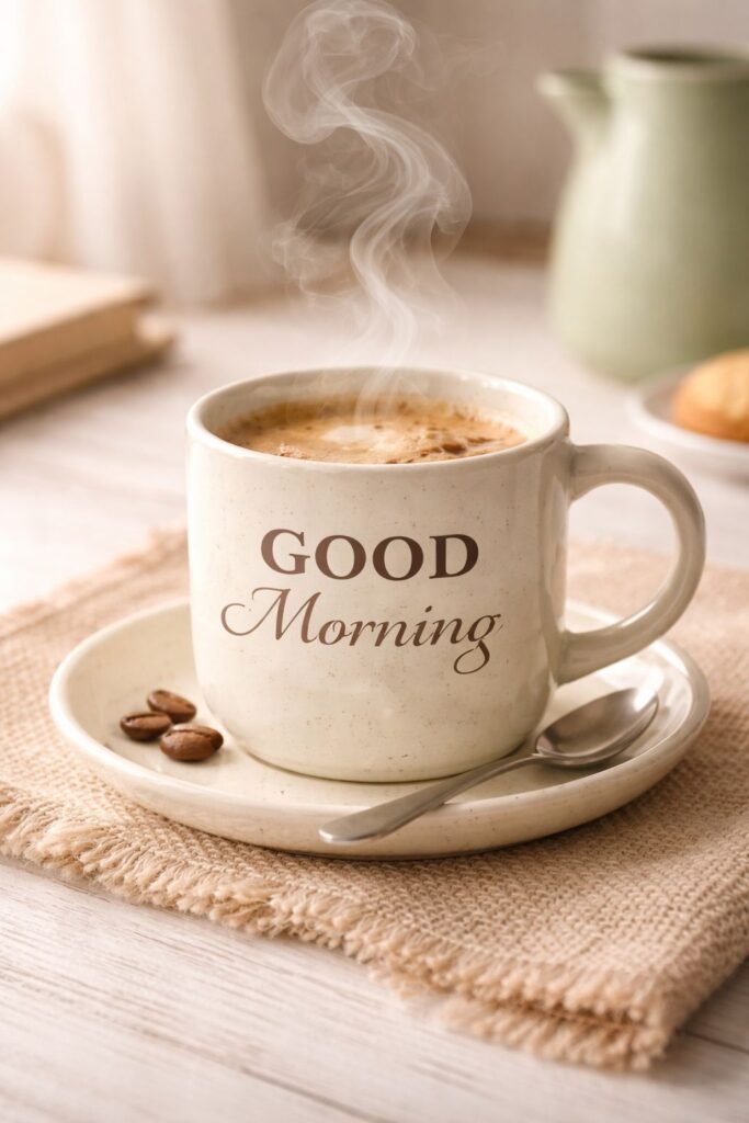 warm good morning coffee with steam image