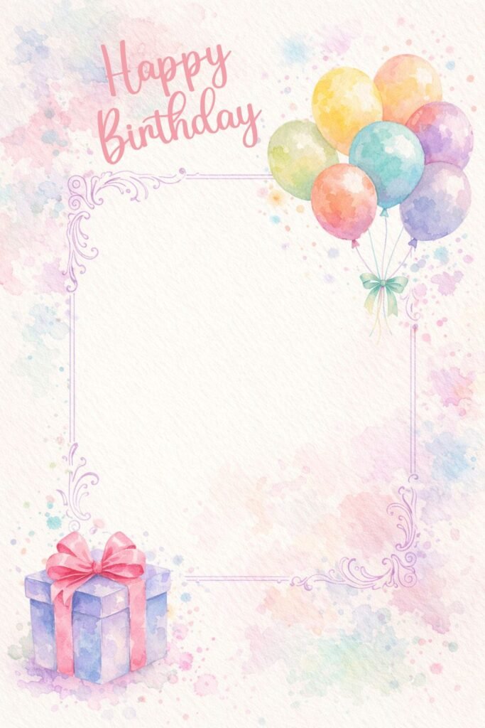 watercolor happy birthday card with balloons, gift box and decorative frame
