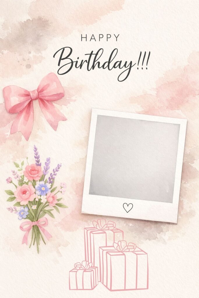 watercolor happy birthday card with floral bouquet and photo frame