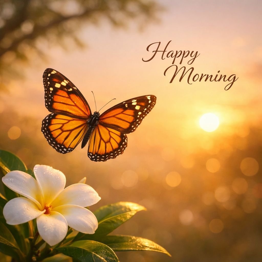 beautiful good morning butterfly image with sunrise and flower