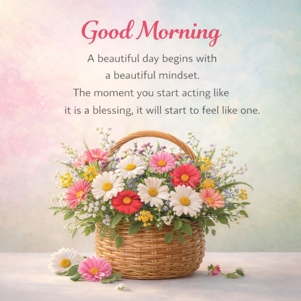 beautiful good morning flower basket image with inspirational quote