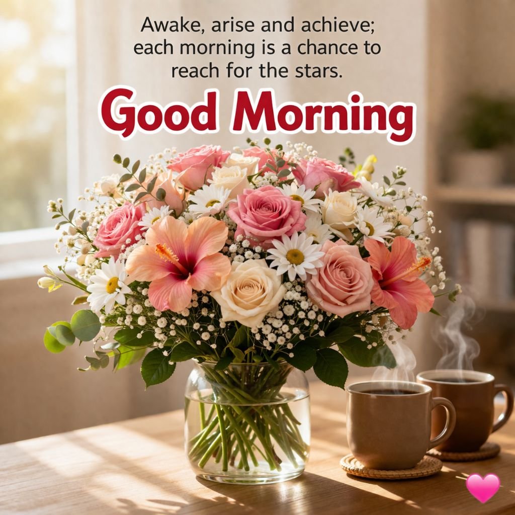 beautiful good morning flower vase with coffee image