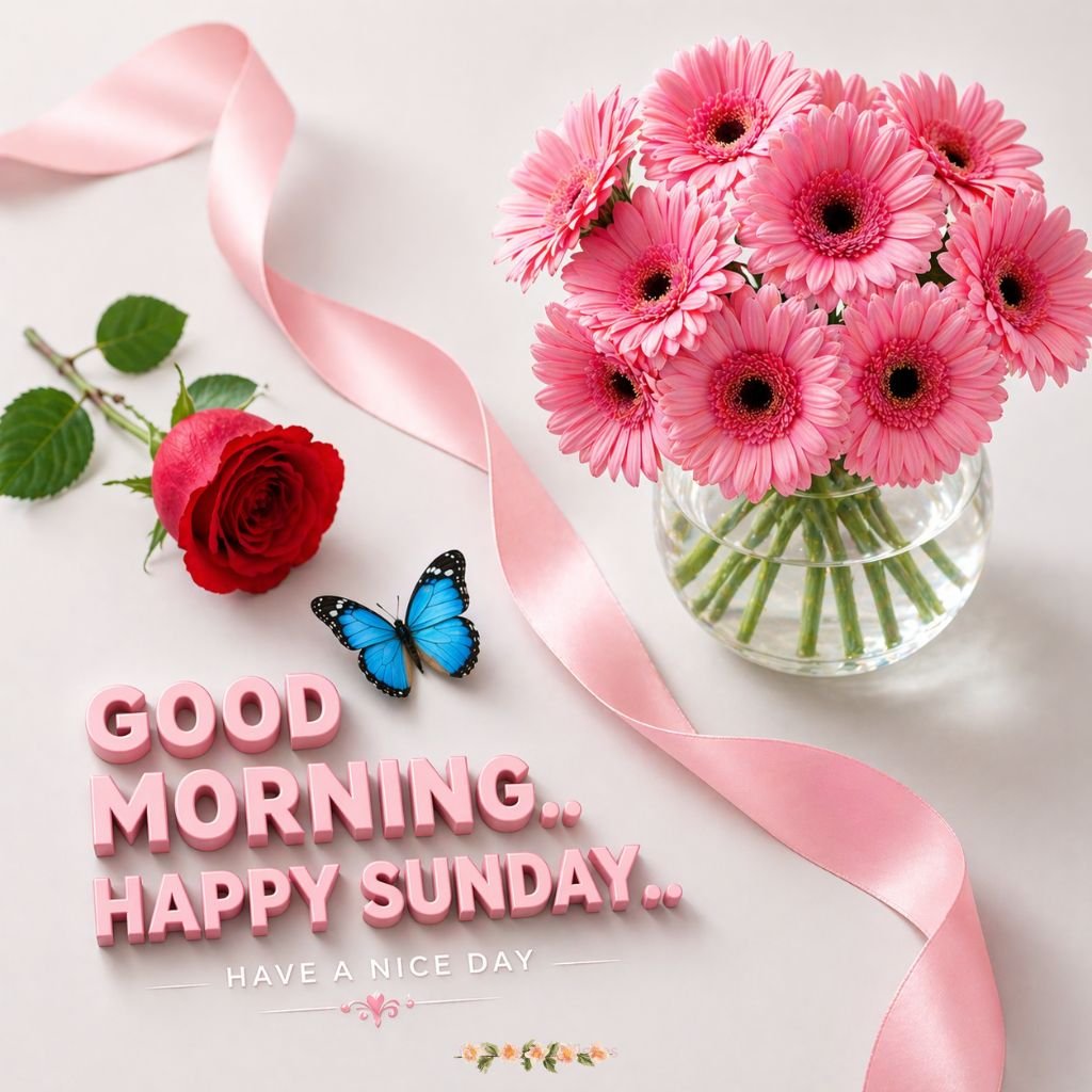 beautiful good morning happy sunday image with pink gerbera flowers
