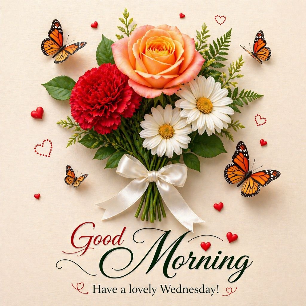 beautiful good morning happy wednesday flower bouquet image with butterflies