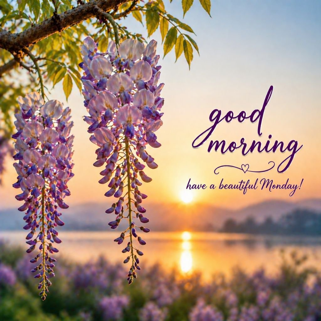 beautiful good morning monday sunrise image with purple wisteria flowers