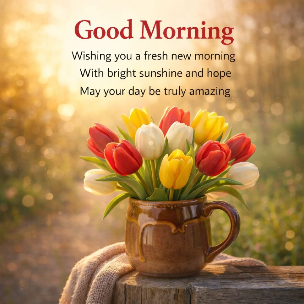 beautiful good morning tulips in coffee mug image