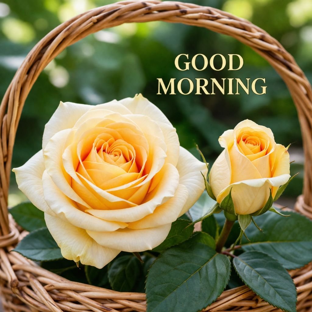 beautiful yellow rose good morning image with basket