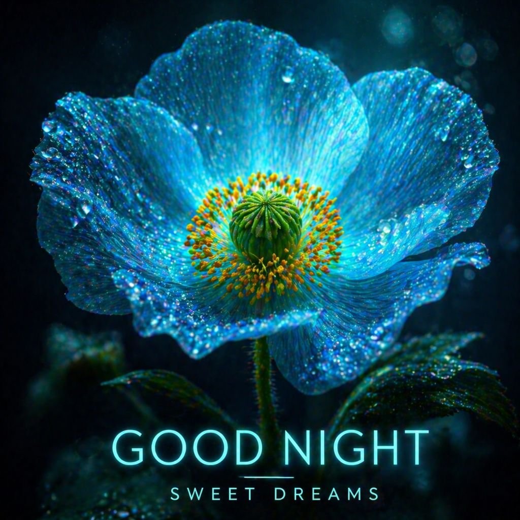 blue floral good night image with dew drops