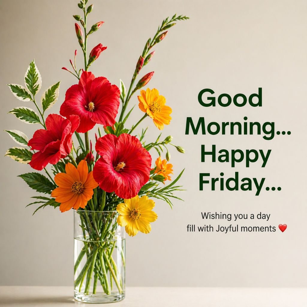 bright good morning happy friday image with colorful flower vase