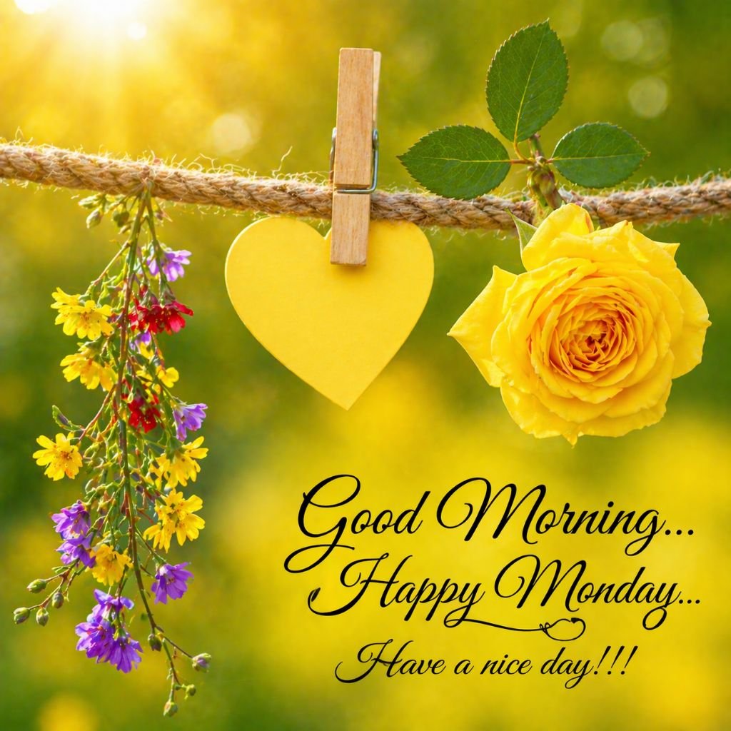 bright good morning happy monday image with yellow rose and heart