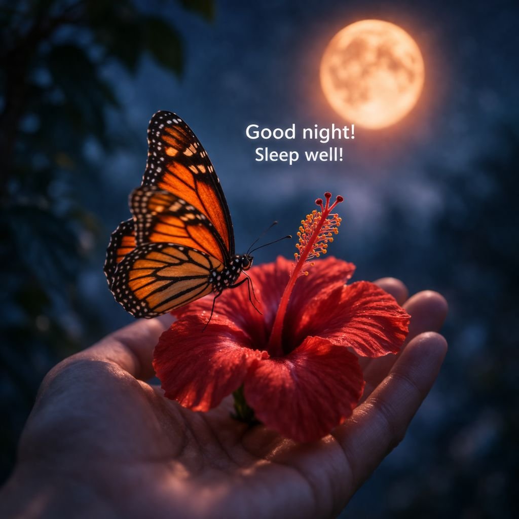 butterfly on red hibiscus good night image