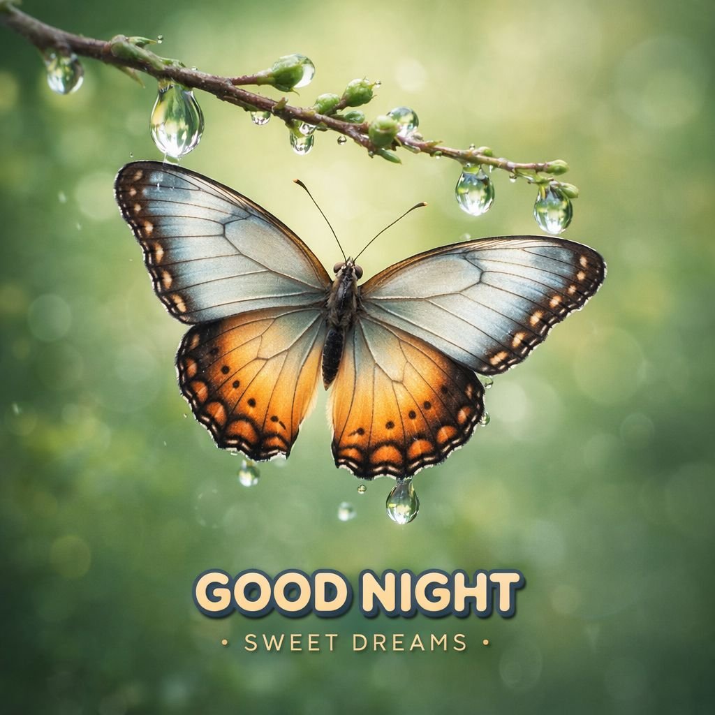 butterfly with dew drops good night image