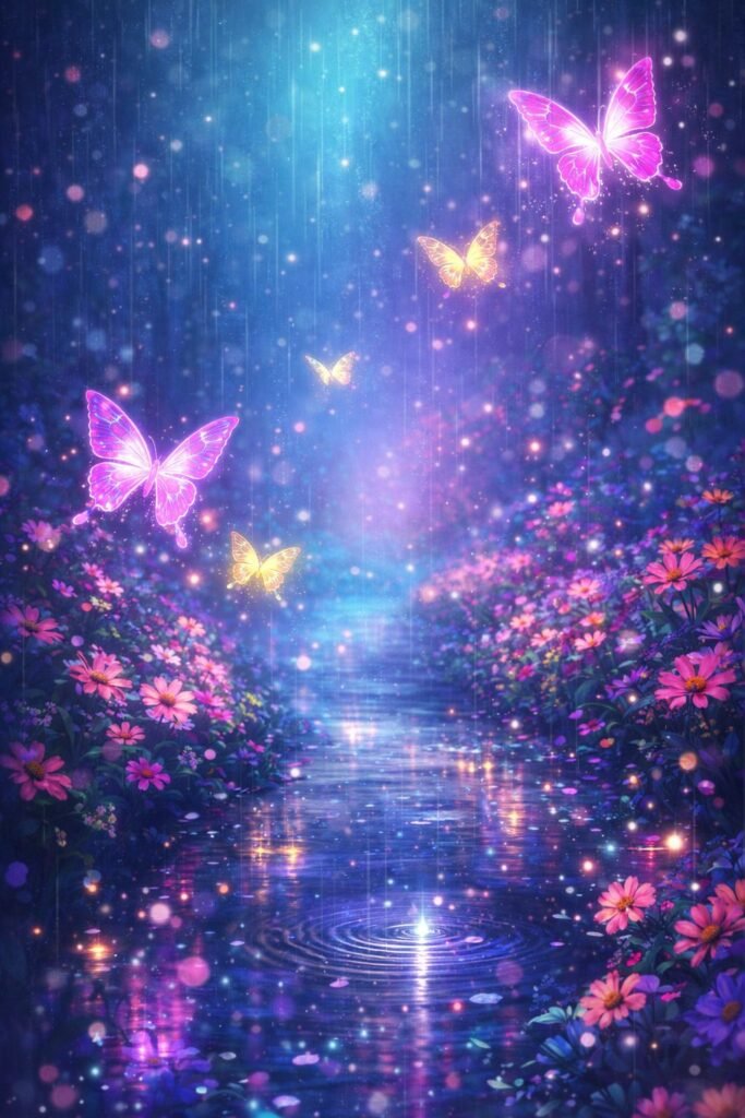 colorful glowing butterflies rain wallpaper