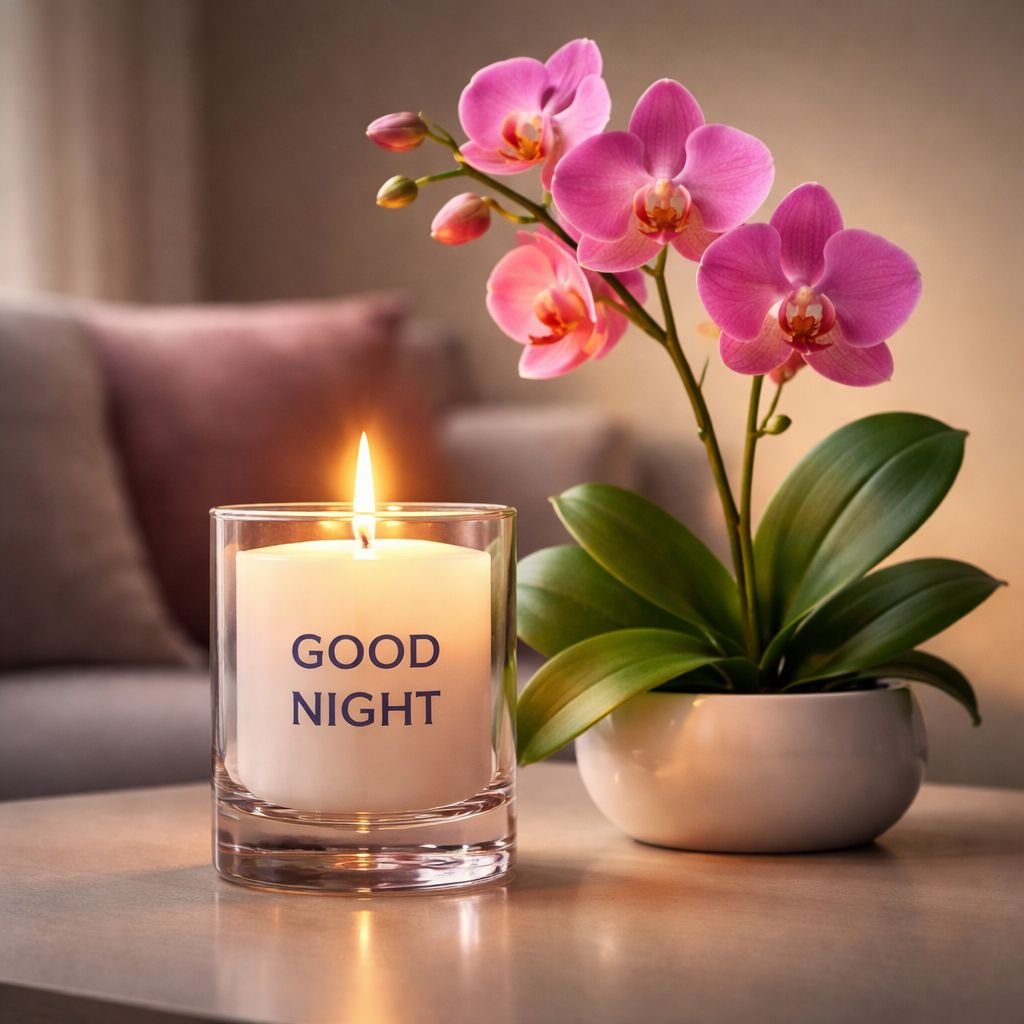 cozy candle and orchid good night image