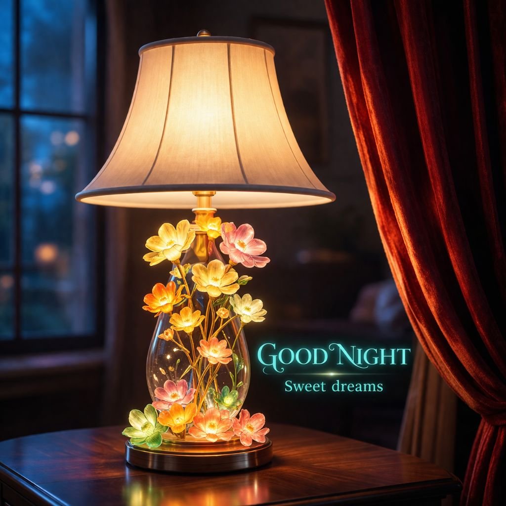 cozy night lamp with floral design good night sweet dreams image
