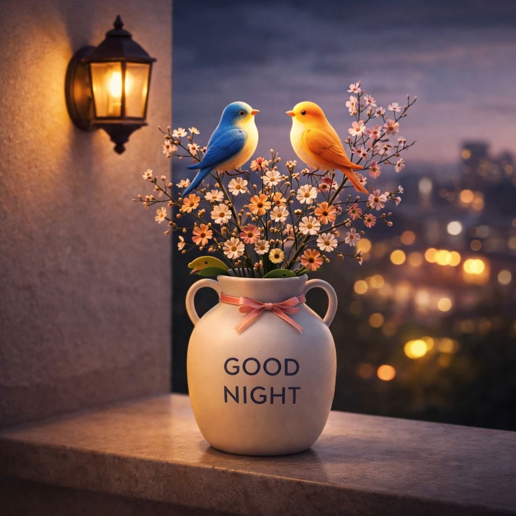 cute birds and flower vase good night image