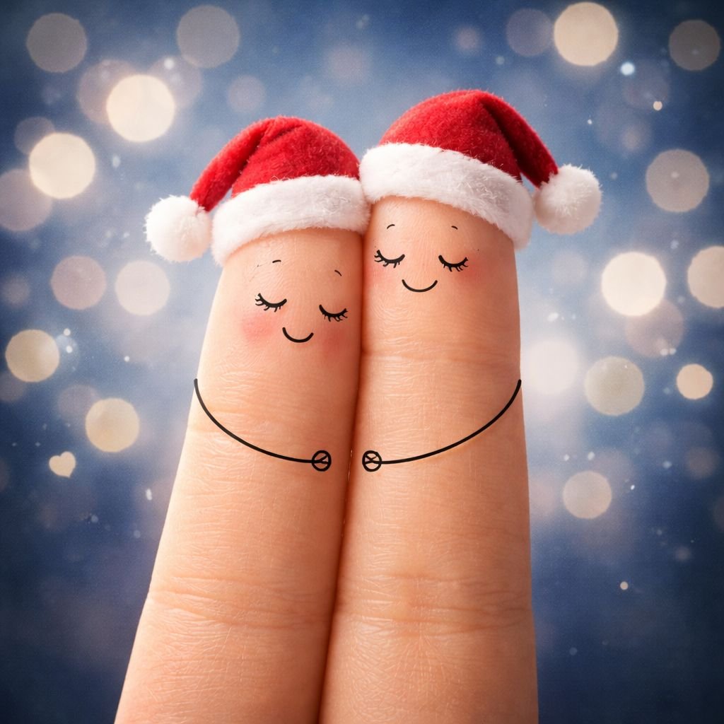 cute christmas love concept with finger characters in santa hats