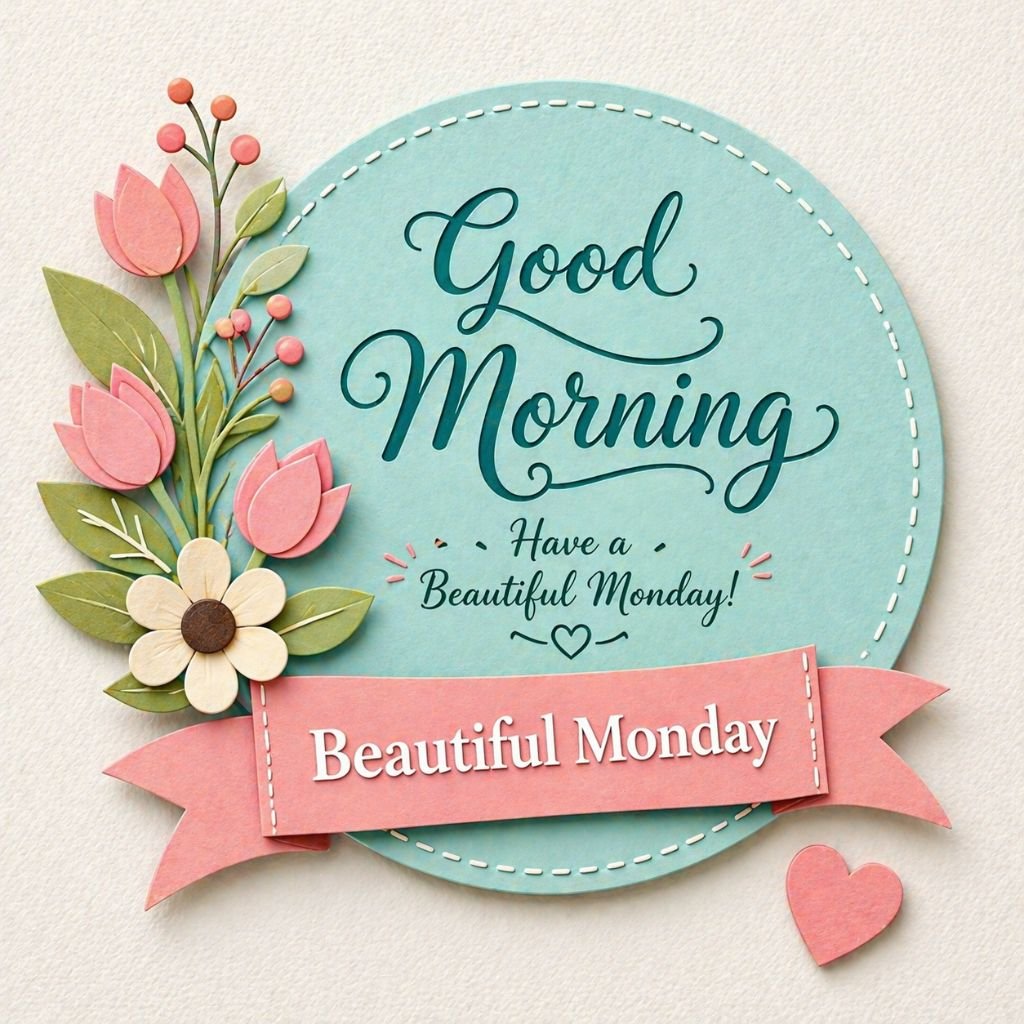cute good morning beautiful monday greeting card with floral design
