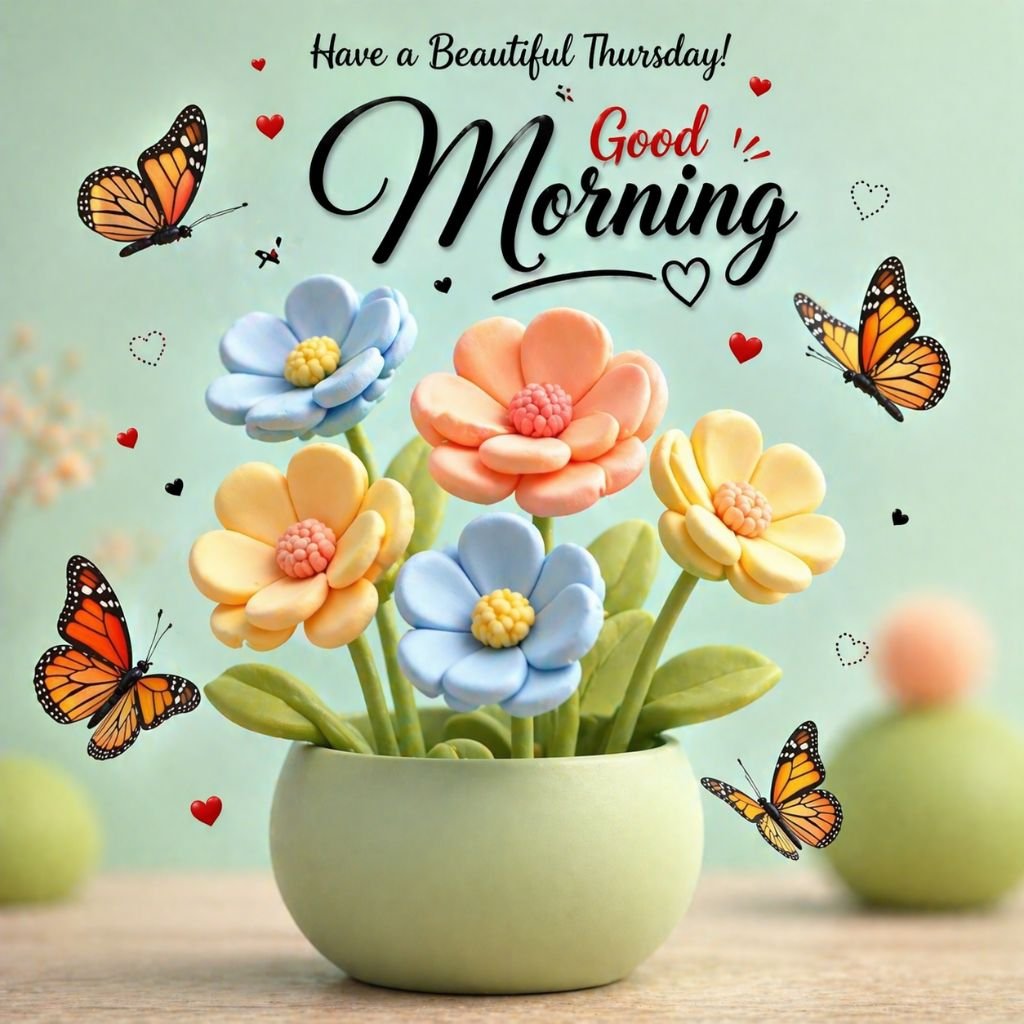 cute good morning happy thursday image with colorful flowers and butterflies