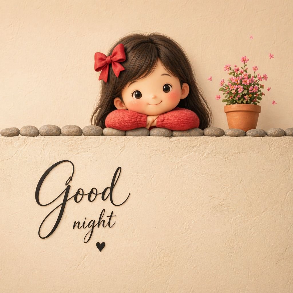 cute good night image with adorable girl and flower pot