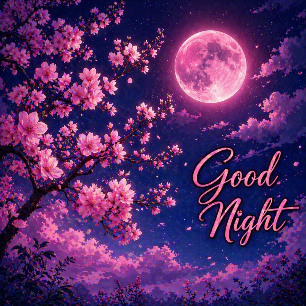dreamy good night moon with cherry blossoms