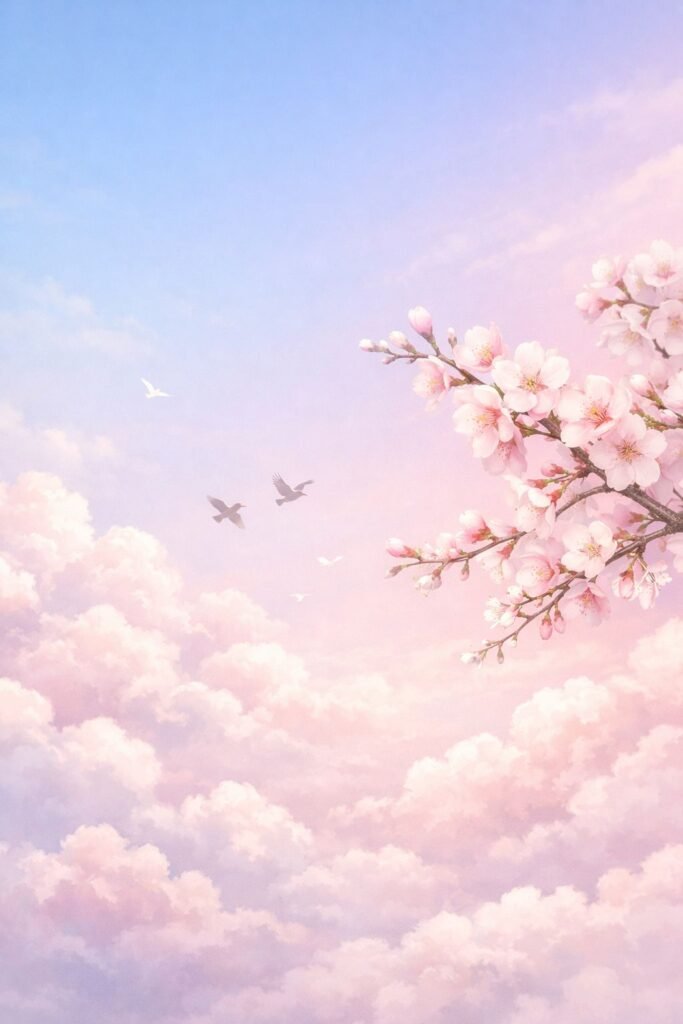 dreamy pastel sky iPhone wallpaper with cherry blossoms