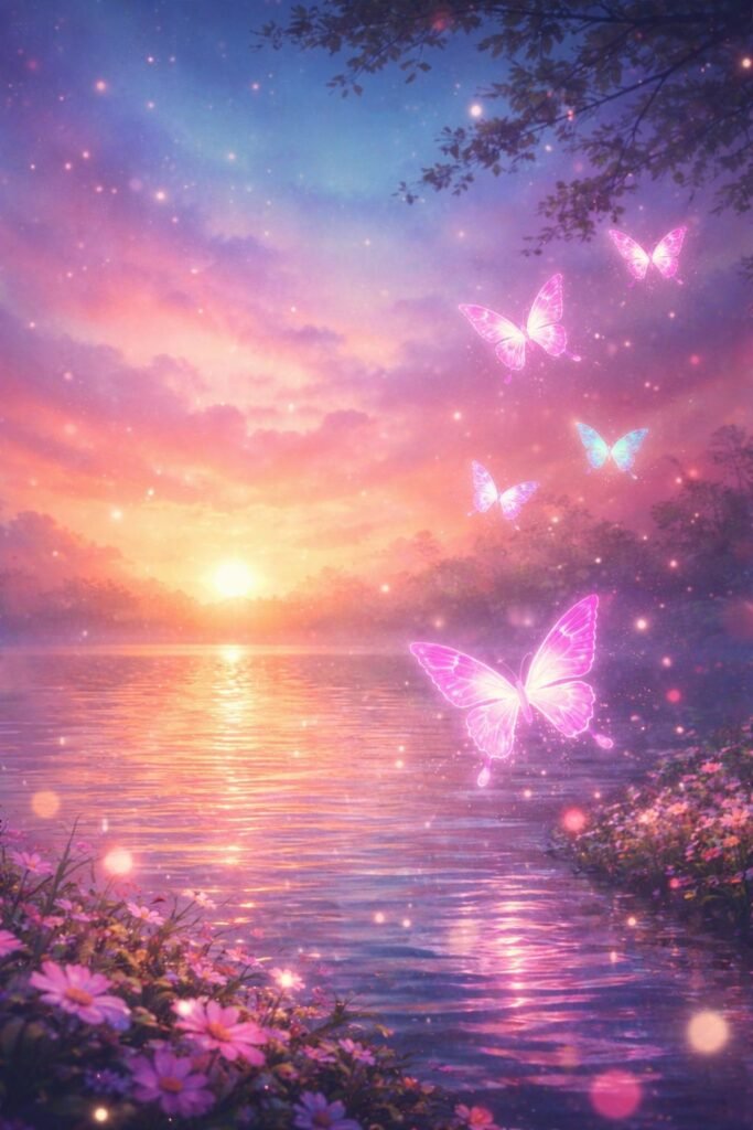 dreamy sunset lake with glowing butterflies wallpaper