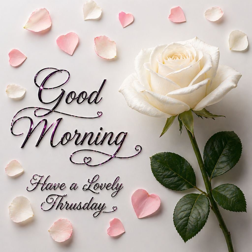 elegant good morning happy thursday image with white rose and petals