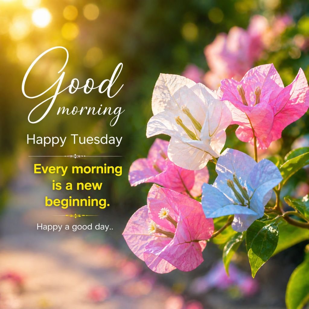 fresh good morning happy tuesday image with bougainvillea flowers and quote