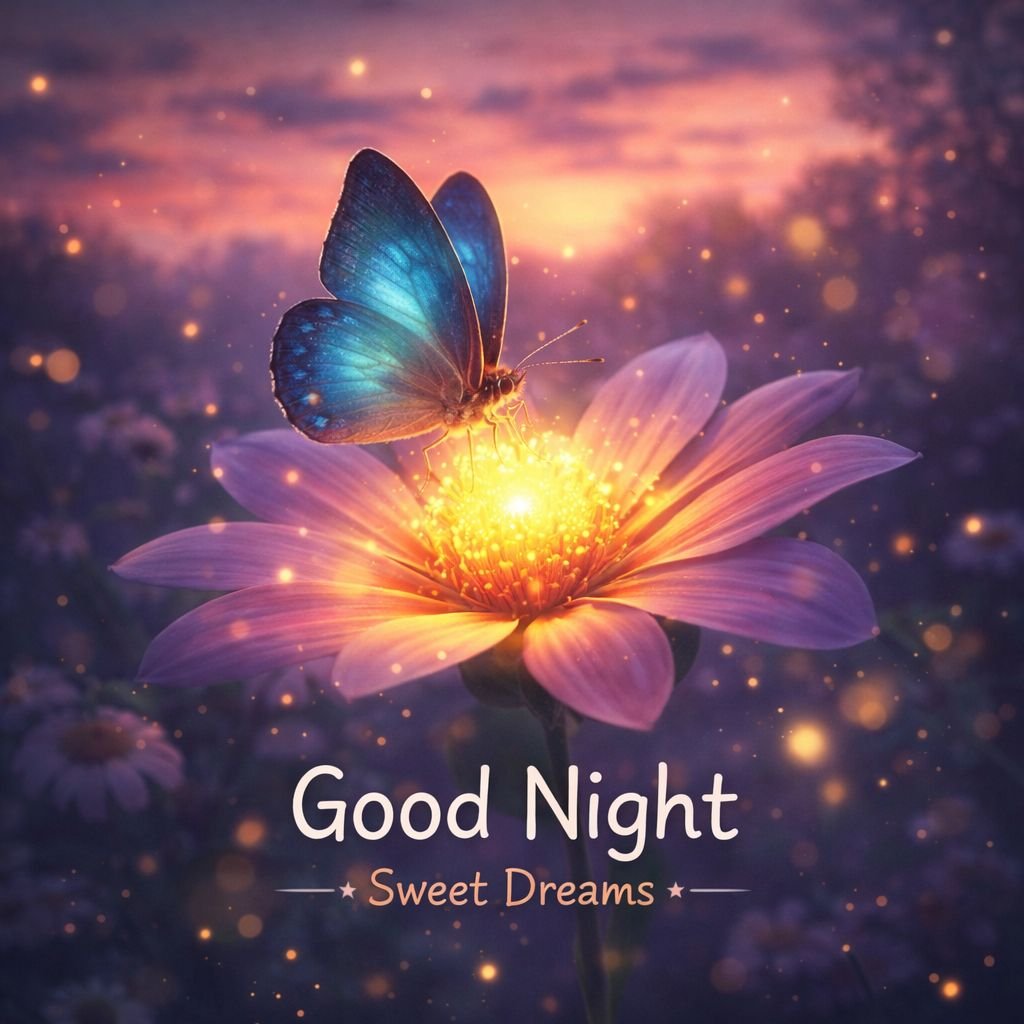 glowing butterfly on flower good night image