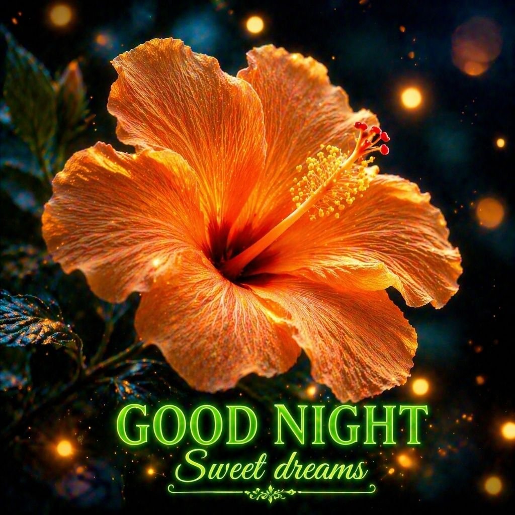 glowing orange hibiscus flower with good night wishes