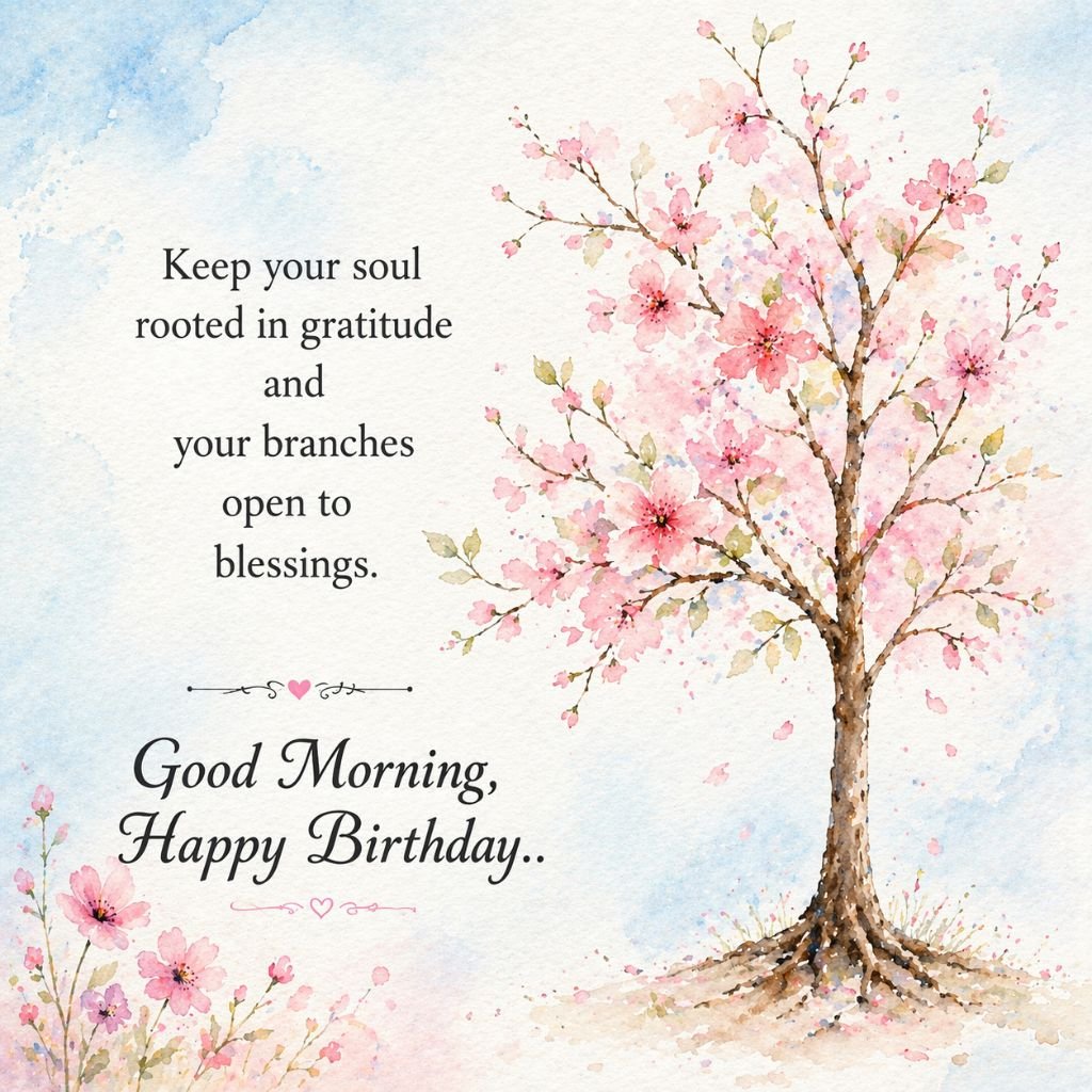 good morning happy birthday image with floral tree