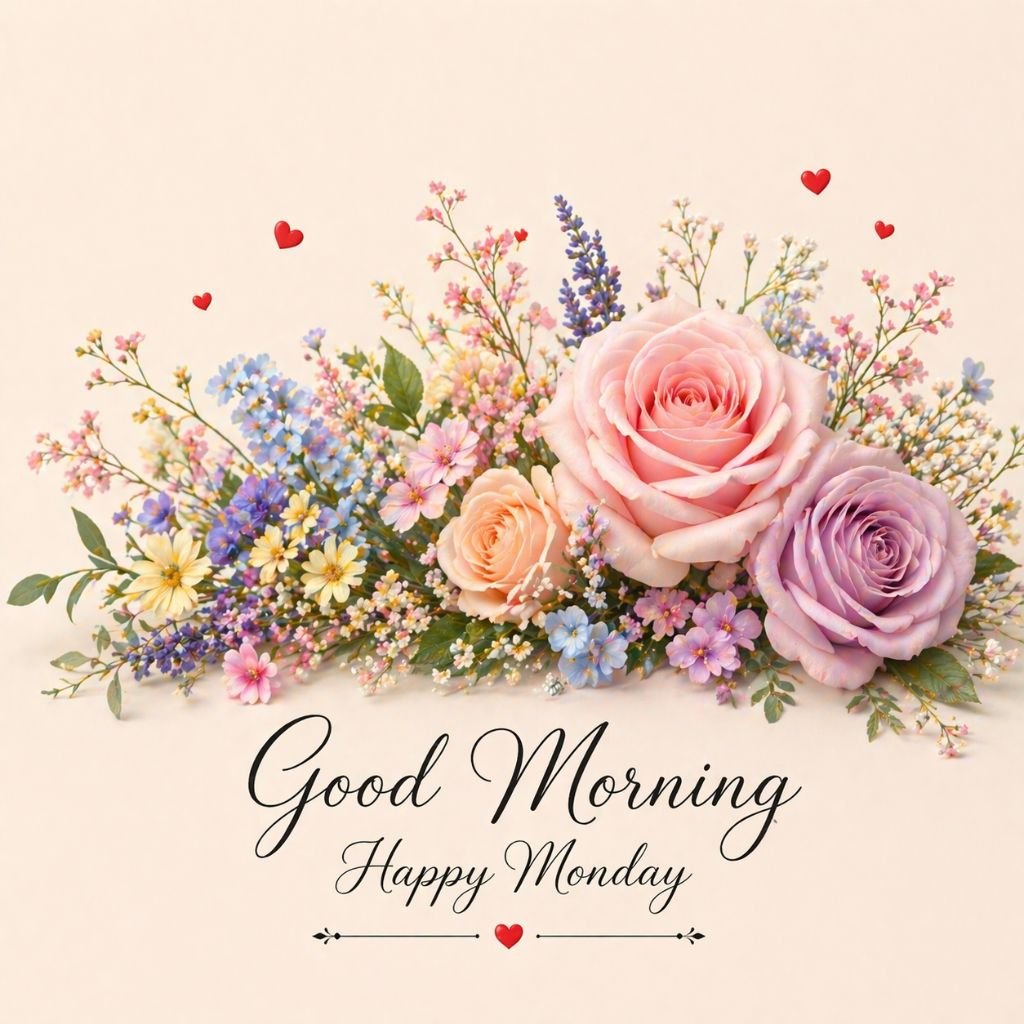 good morning happy monday floral image with roses