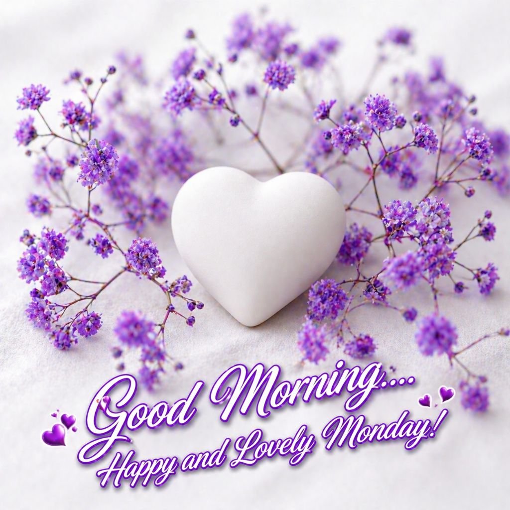 good morning happy monday image with heart and purple flowers