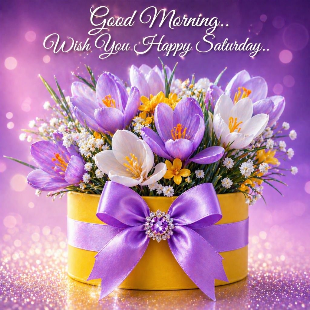 good morning happy saturday flower bouquet image with purple ribbon