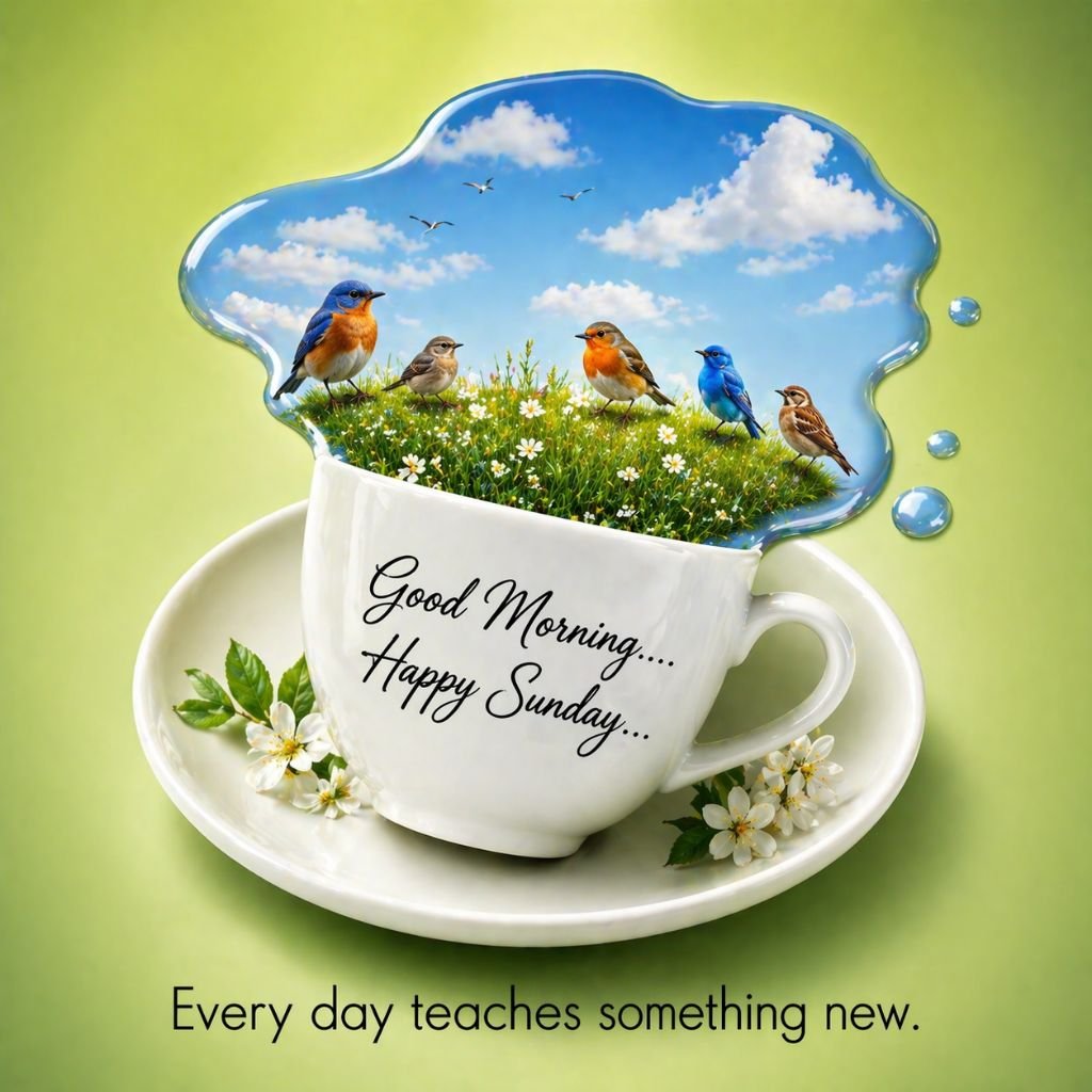 good morning happy sunday image with birds and coffee cup
