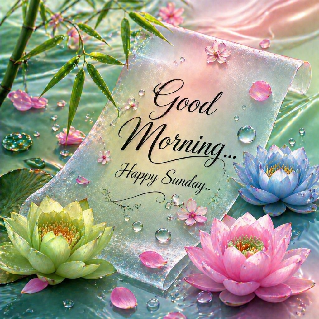 good morning happy sunday lotus flower image with water ripples