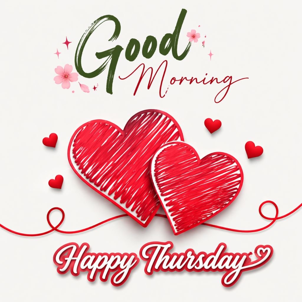 good morning happy thursday image with cute red hearts and floral design