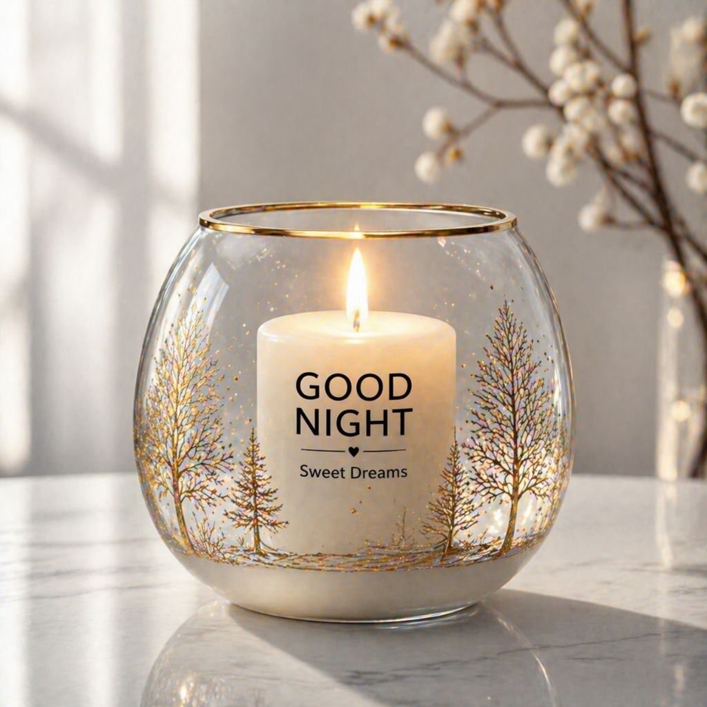 good night candle in glass holder